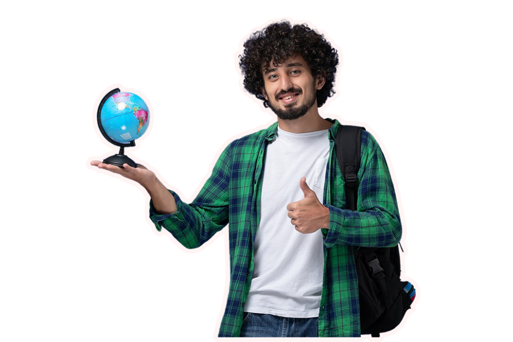 a student standing holding a globe